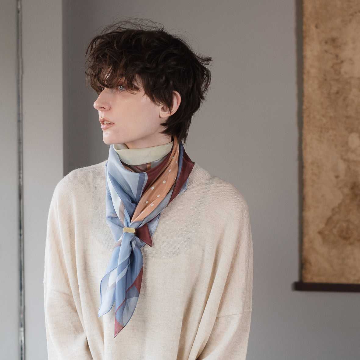 Japanese Printed Silk 'Morning Coffee' baby blue 大判スカーフ 90x90cm