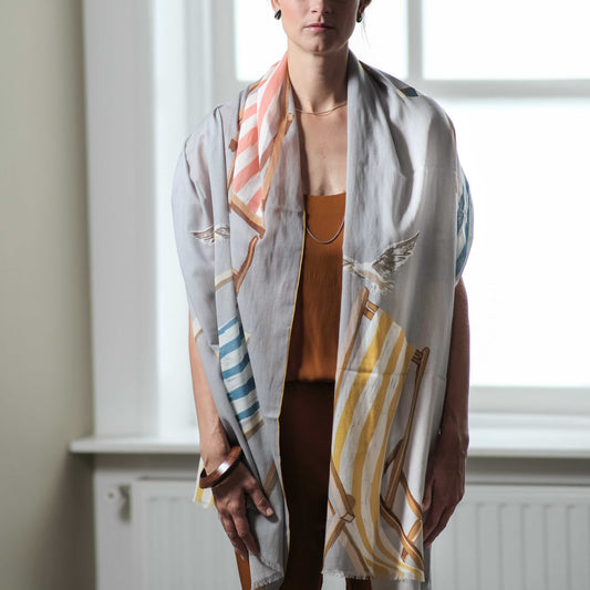Japanese Printed Organic Cotton 'Deck Chairs' grey ロングストール
