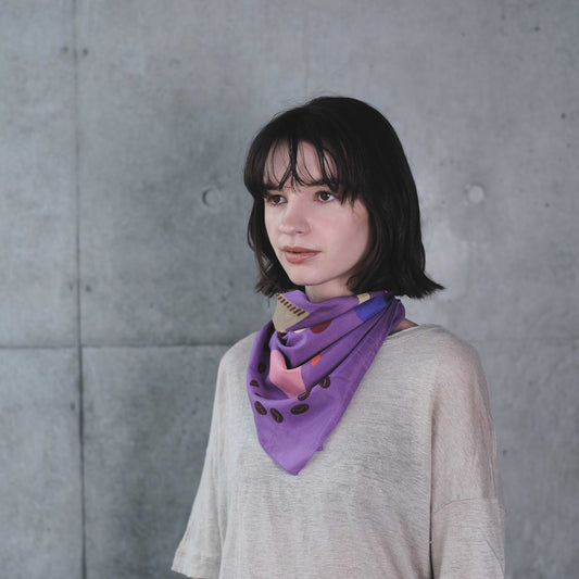 Japanese Printed Silk Cotton 'The Taste of Coffee' P スカーフリング付きミニスカーフ