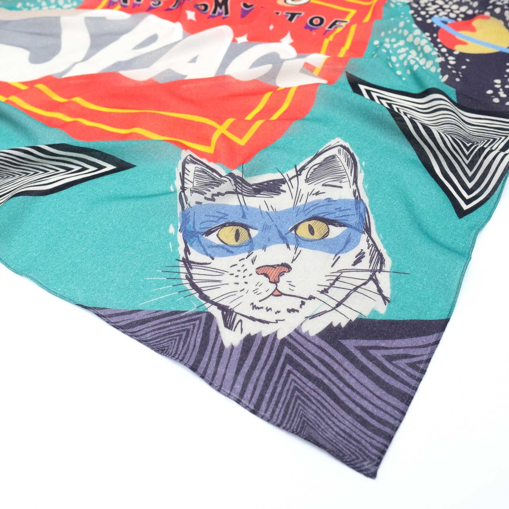 Japanese Merino Wool 'Mysterious Cats' bottle green 正方形スカーフ