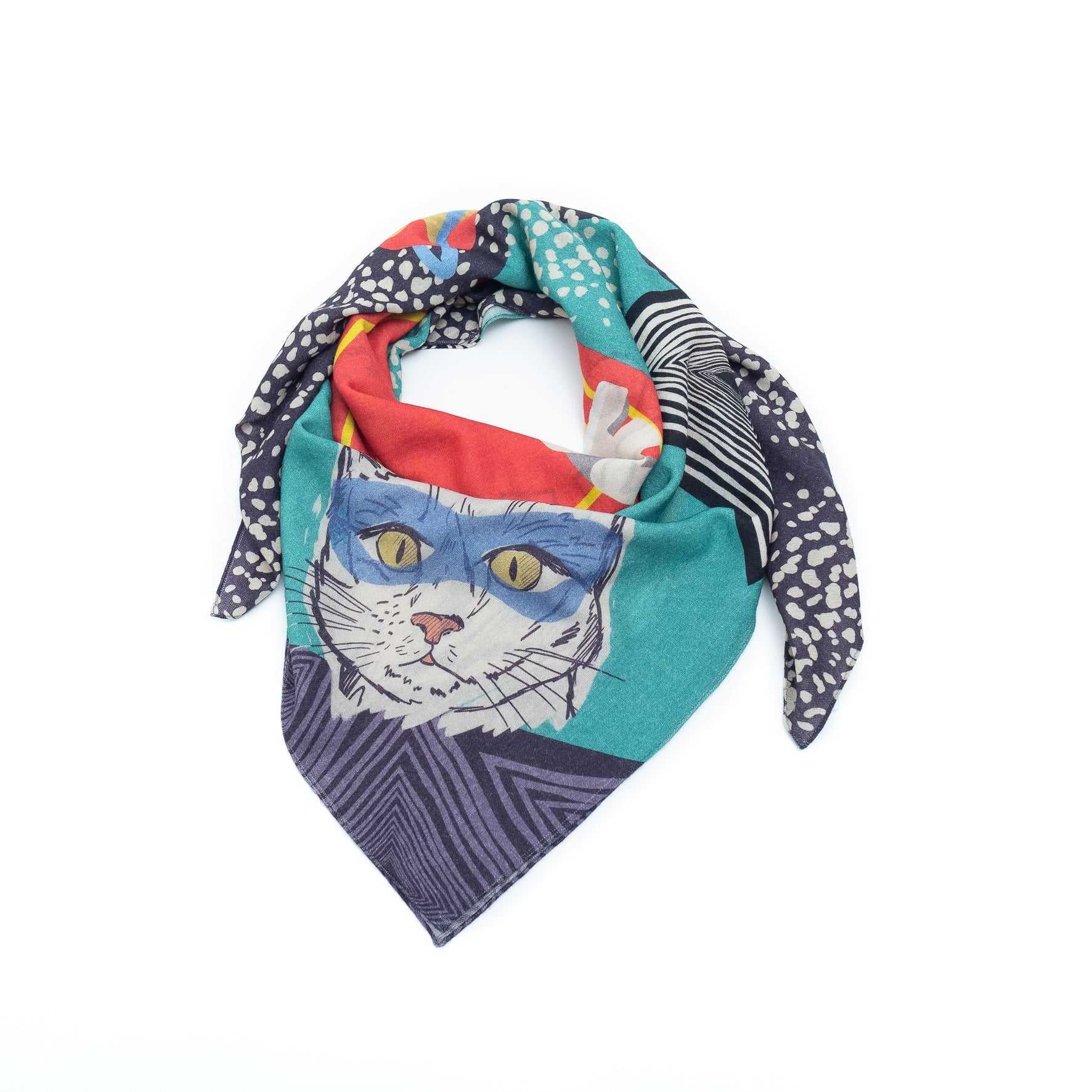 Japanese Merino Wool 'Mysterious Cats' bottle green 正方形スカーフ