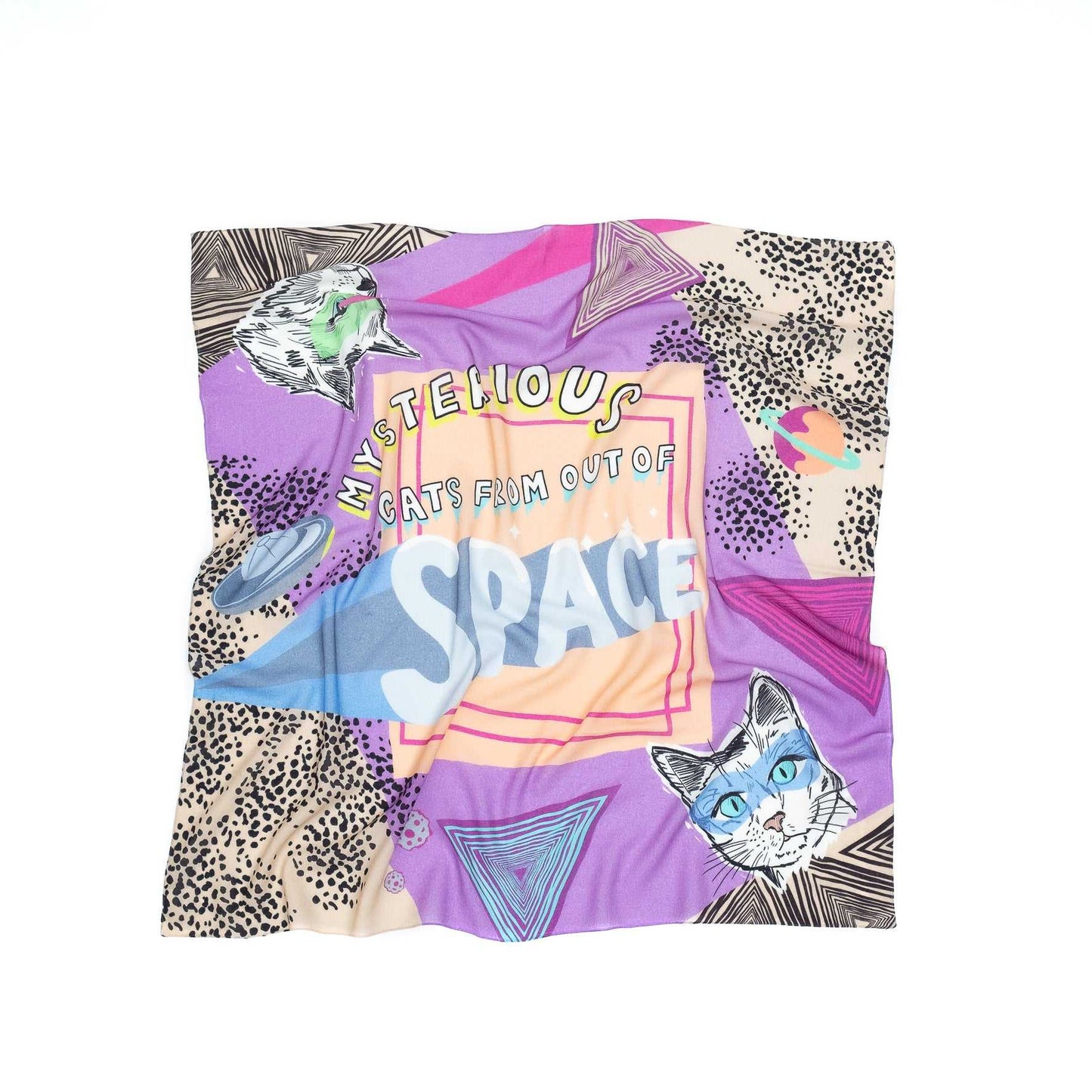 Japanese Merino Wool 'Mysterious Cats' Pink 正方形スカーフ