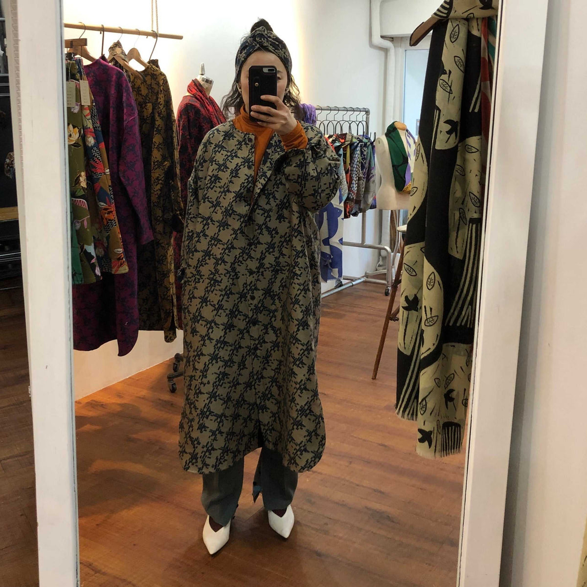 播州織 Japanese Wool/Cotton Jacquard Coat Dress / Greige