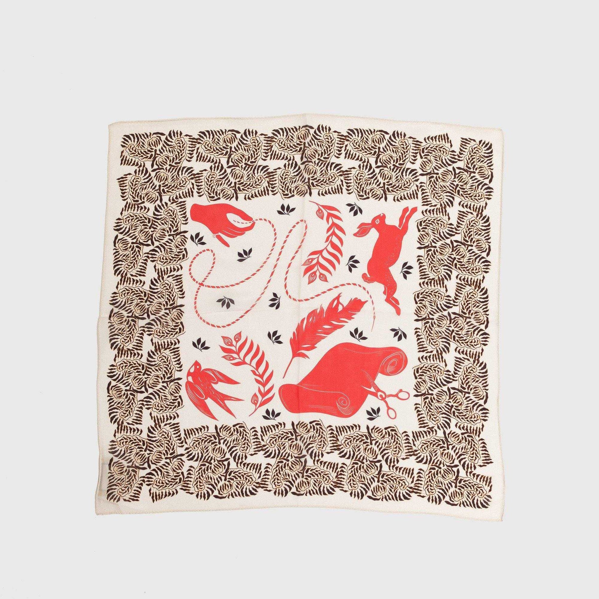 Japanese Printed Silk 'The Weaver's tale' light beige 大判スカーフ