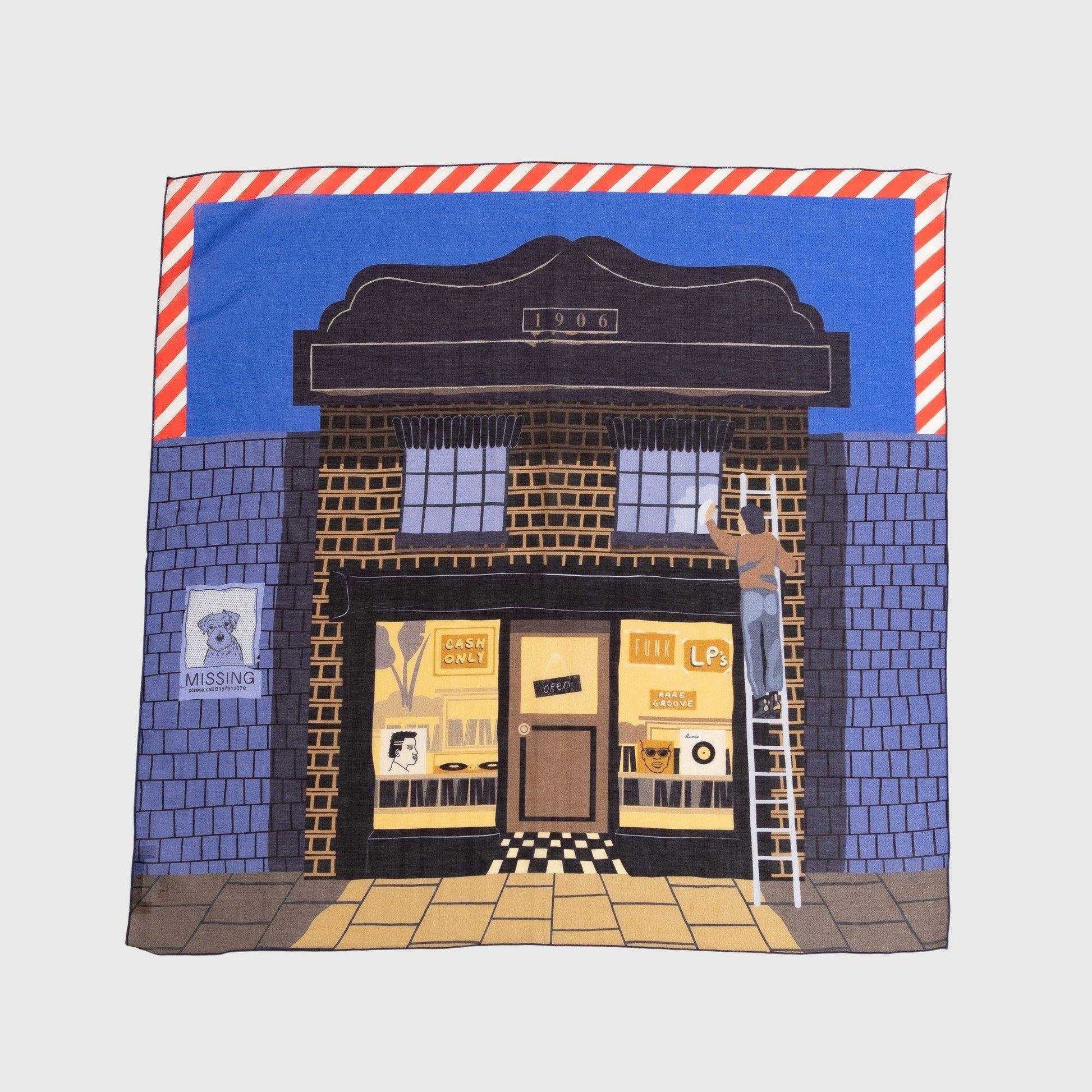 Japanese Printed Silk Cotton 'Record Shop' Night 8リング付きミニスカーフ