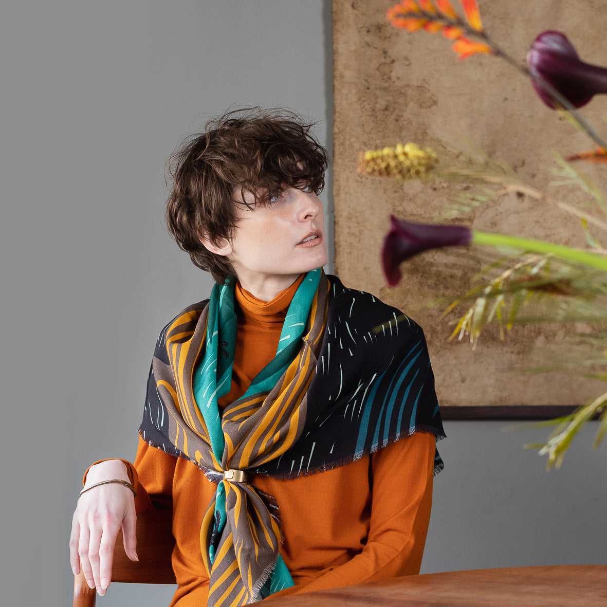 Japanese Merino Wool 'Mulberry Hills' green 正方形スカーフ