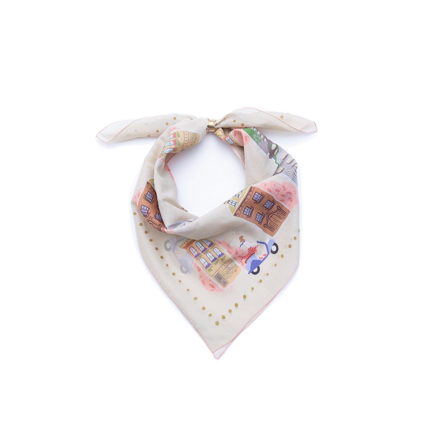 Japanese Printed Silk Cotton 'Via Rome' beige リング付きミニスカーフ