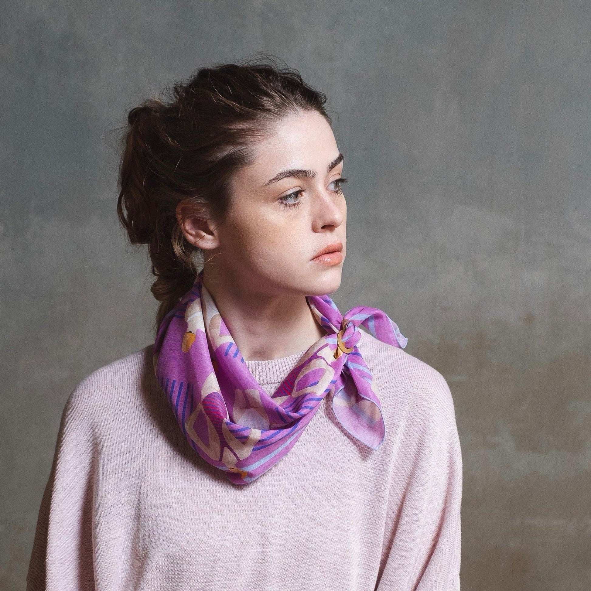 Japanese Printed Silk Cotton 'The English Channel' n.pink 8リング付きミニスカーフ