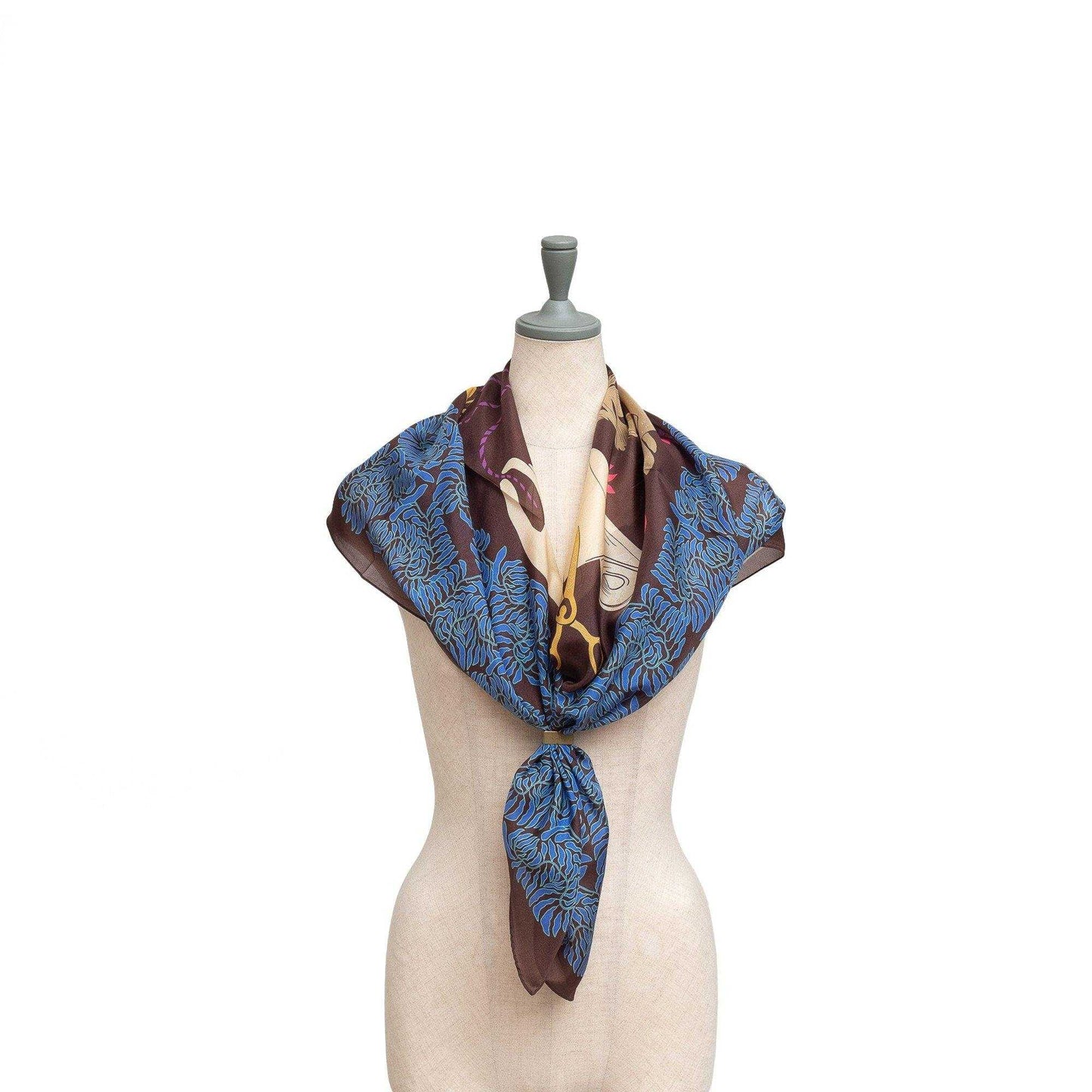 Japanese Printed Silk 'The Weaver's tale' dark brown 大判スカーフ