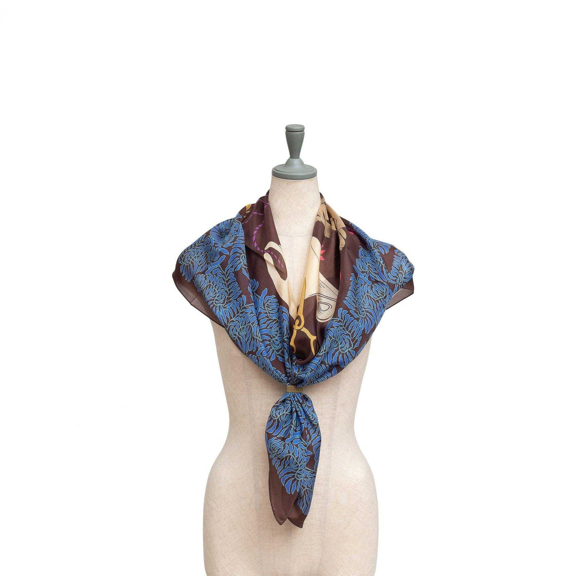 Japanese Printed Silk 'The Weaver's tale' dark brown 大判スカーフ