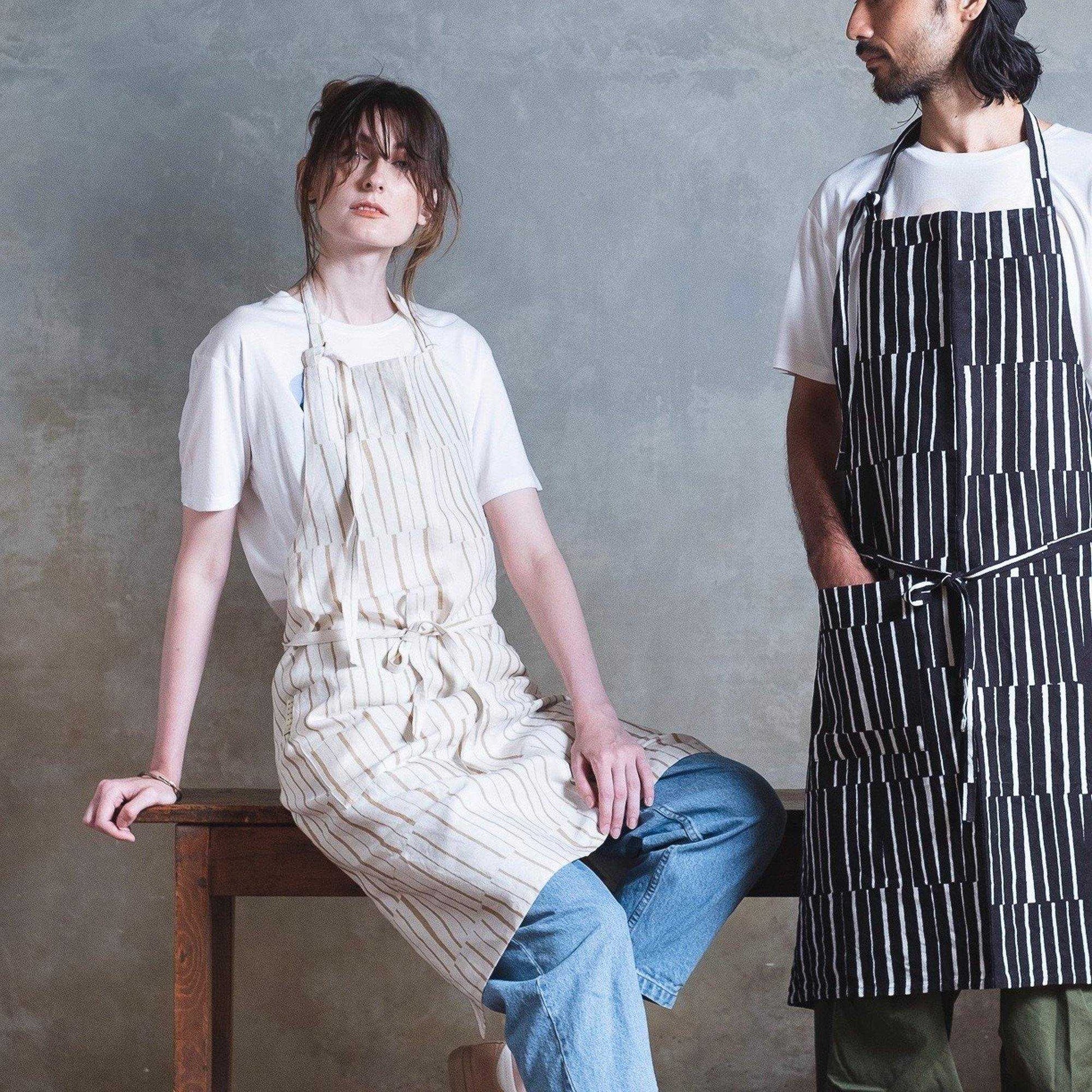 近江リネン Japanese Linen ユニセックス エプロン  ’Ashford’ Cream&Black