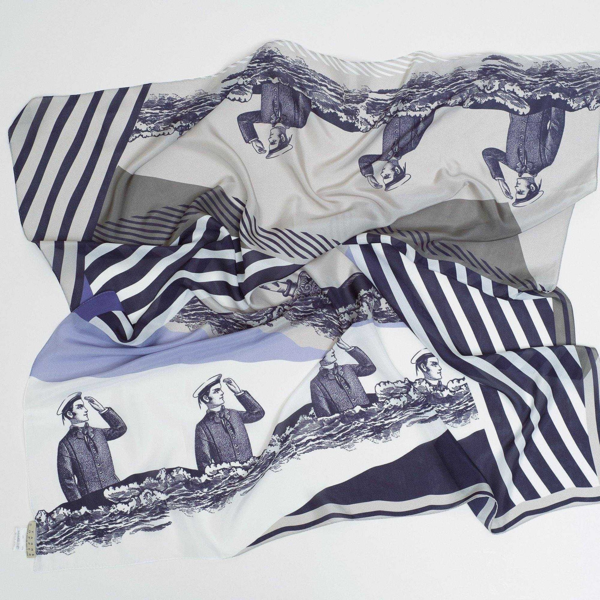Japanese Printed Silk 'Message in a bottle' sky blue 大判スカーフ