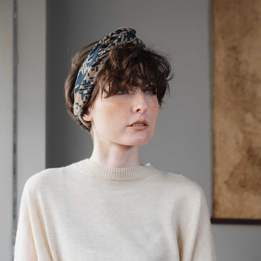播州織 Japanese Wool/Cotton リバーシブルヘッドスカーフ/ミニスカーフ Greige