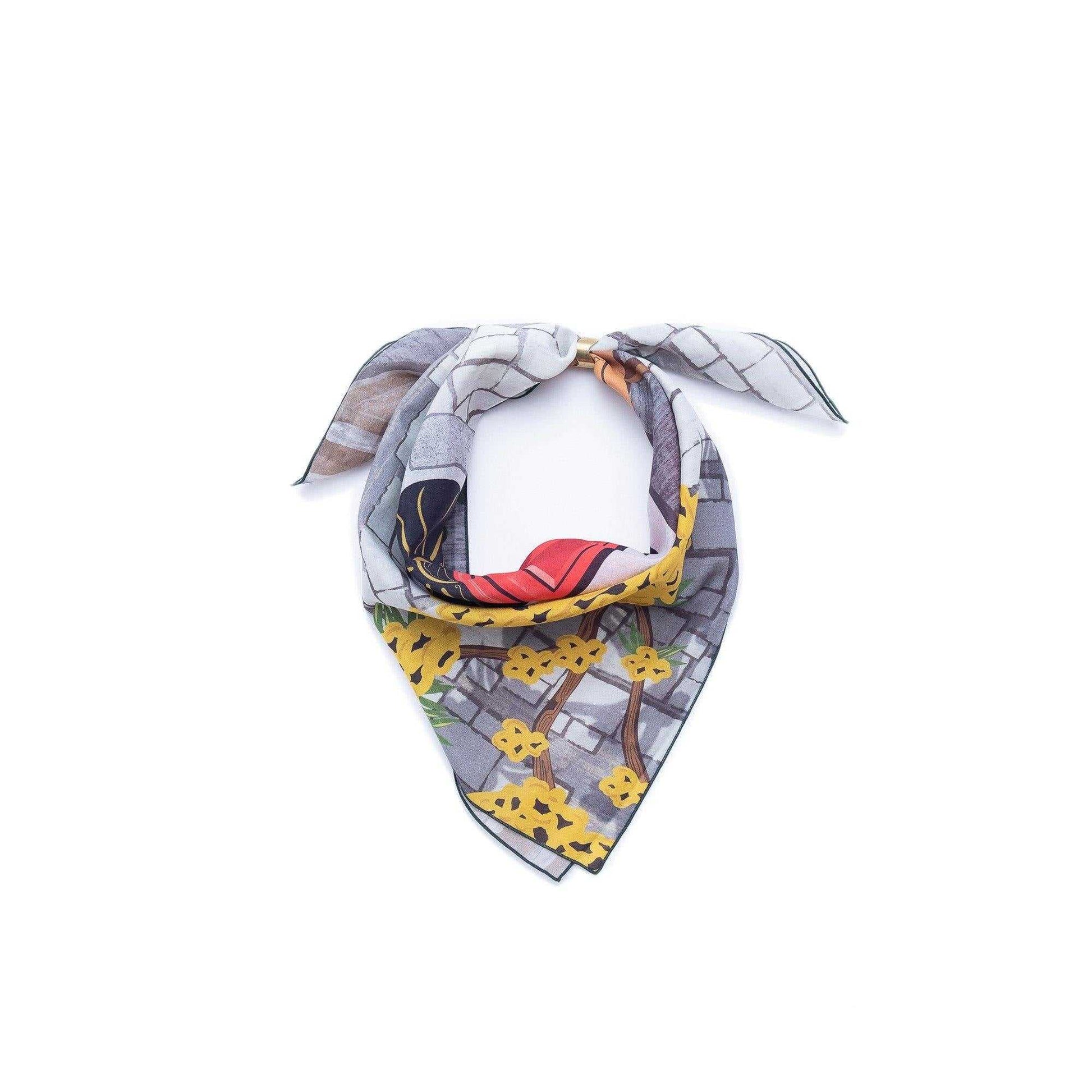 Japanese Printed Silk Cotton 'Siesta’Yellow リング付きミニスカーフ
