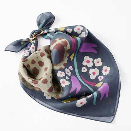 Japanese Printed Silk Mini Scarf 'Vase' Slate black スカーフリング付き