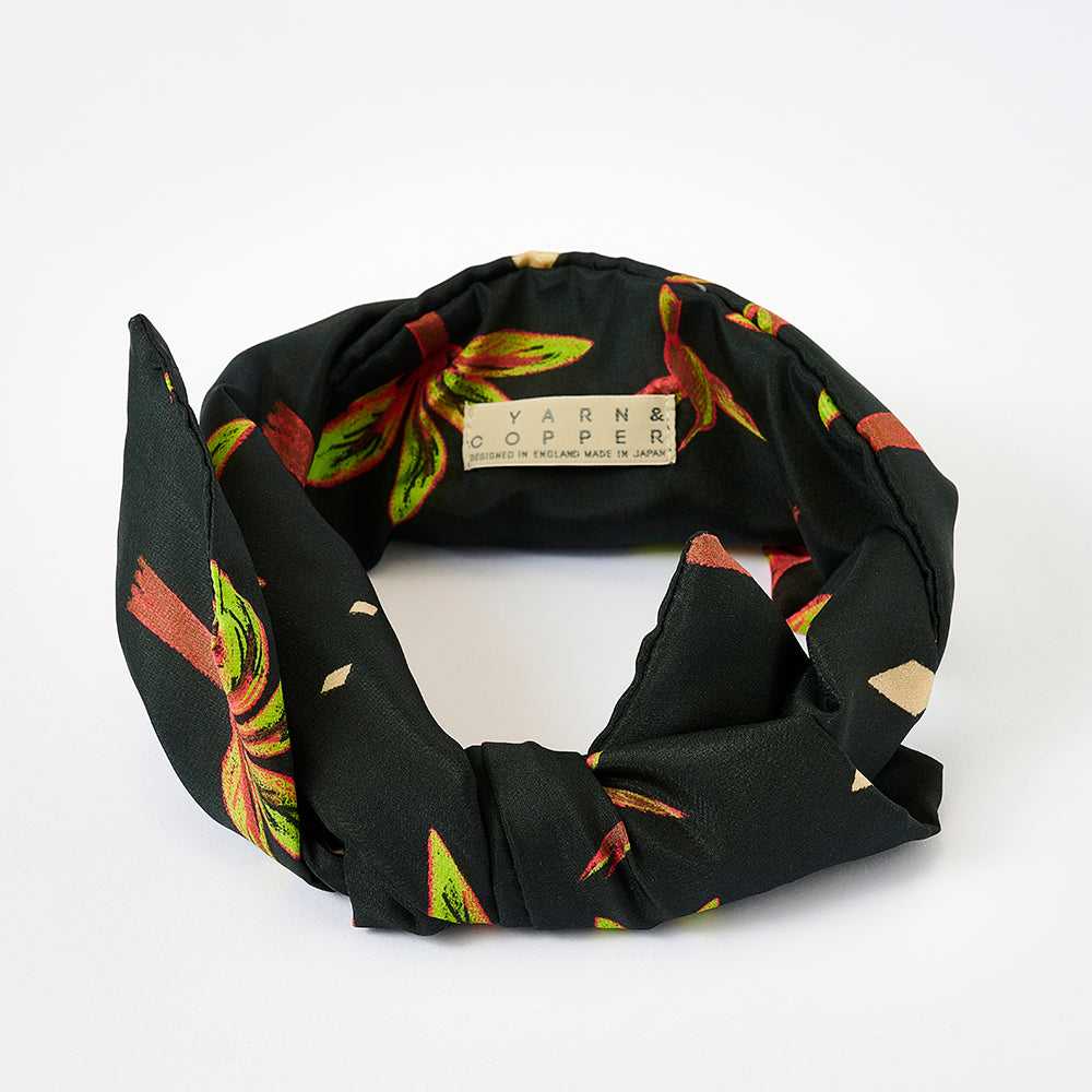 Japanese Printed Silk 'Hibiscus' black ヘッドスカーフ/ミニスカーフ