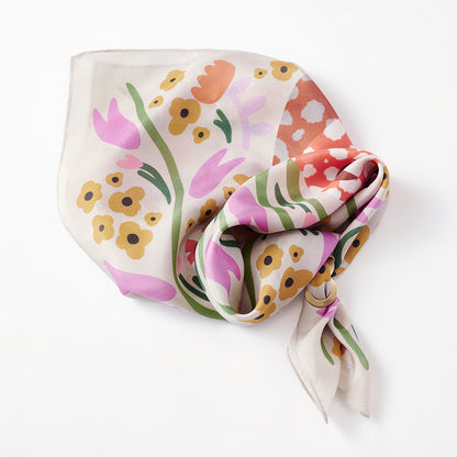 Japanese Printed Silk Mini Scarf 'Vase' Beige スカーフリング付き