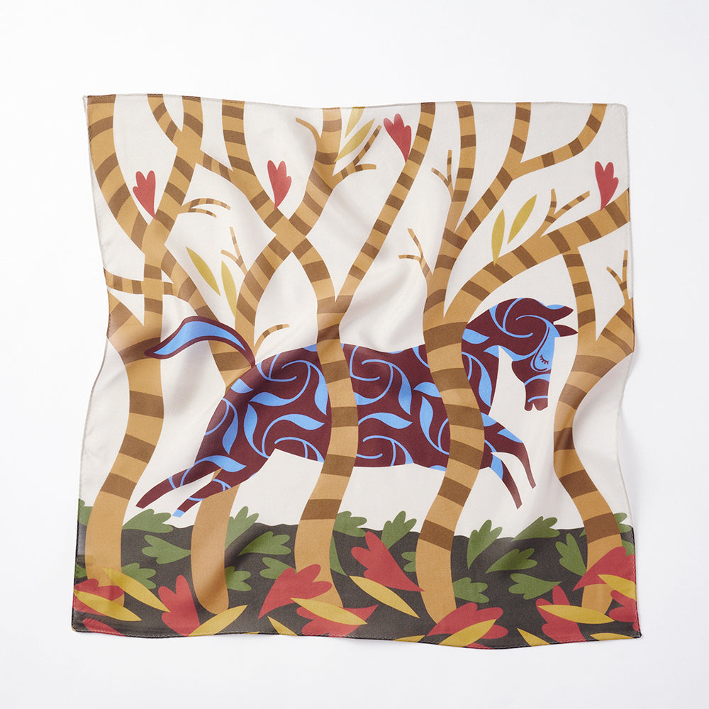 Japanese Printed Silk Mini Scarf 'Meadow Dancer' Cream スカーフリング付き