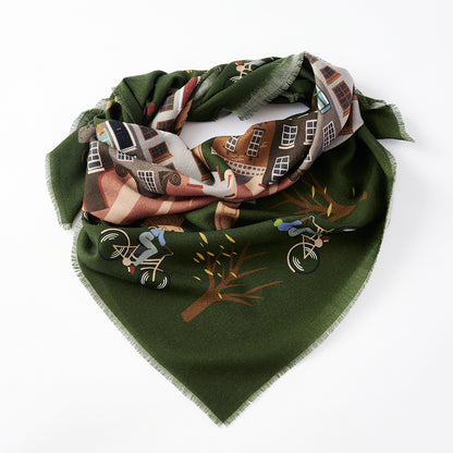 Superfine Merino Wool 'Via Leiden' forest green 正方形スカーフ