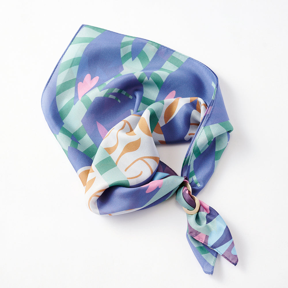 Japanese Printed Silk 'Cafe' blue/green mini scarf with ring