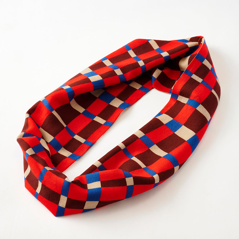 Silk & Merino Wool 'Scotties' camel/red ループスカーフ