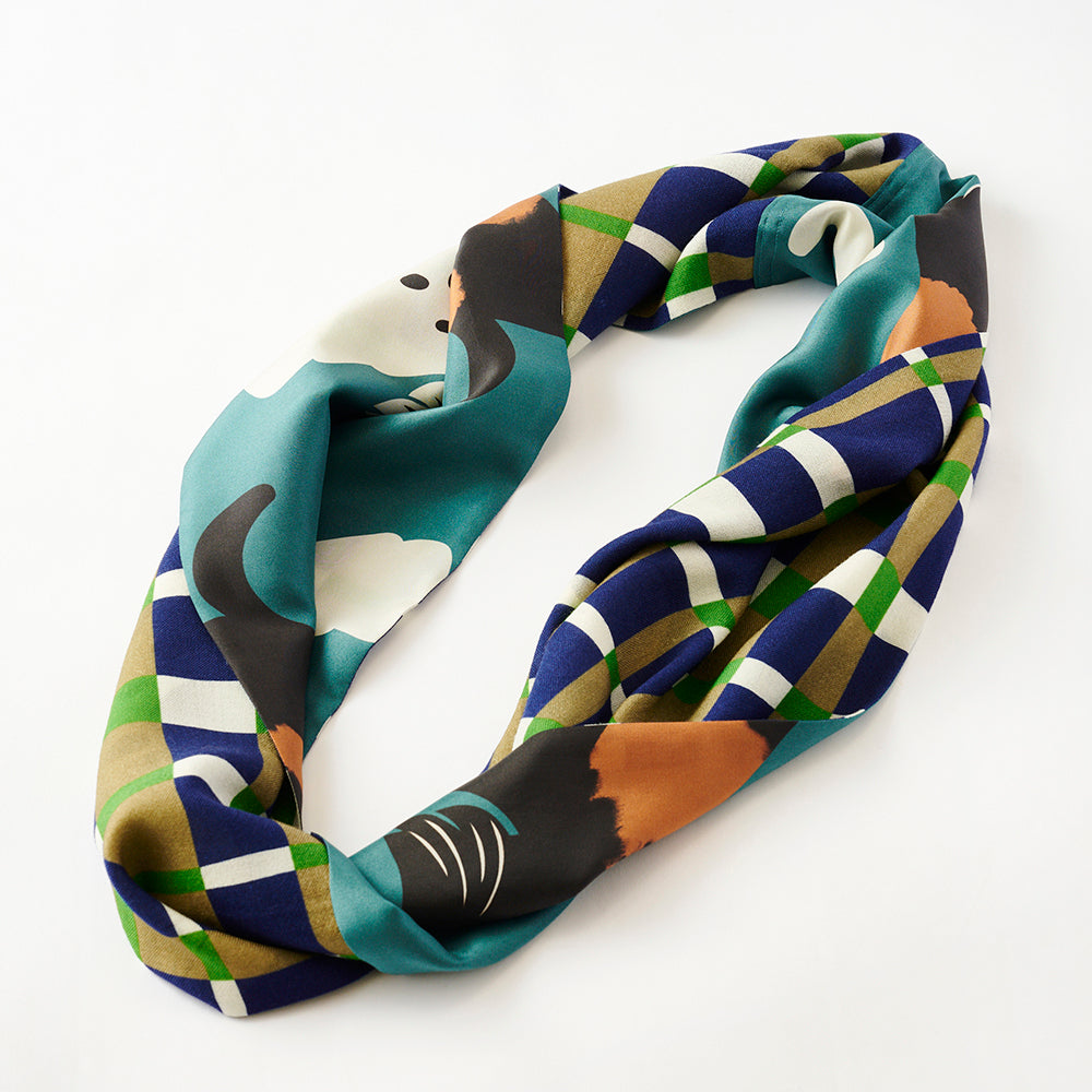 Silk & Merino Wool 'Scotties' green ループスカーフ