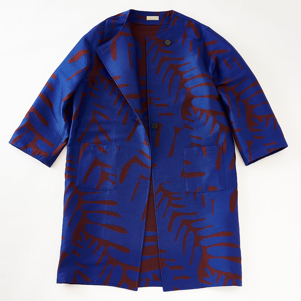 播州織 Japanese Wool/Cotton ジャガードコクーンコート blue/red brown