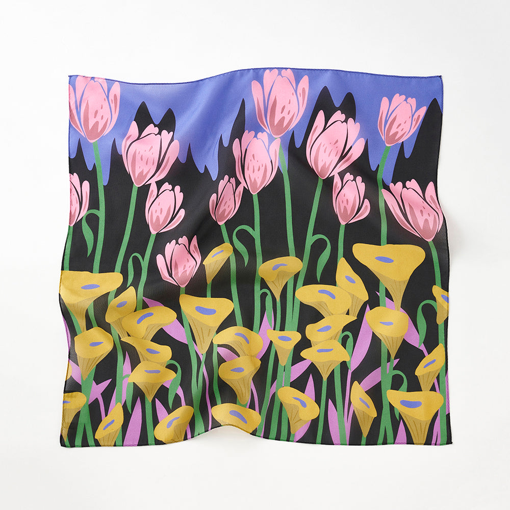 Silk 'Tulips' black スカーフリング付きミニスカーフ
