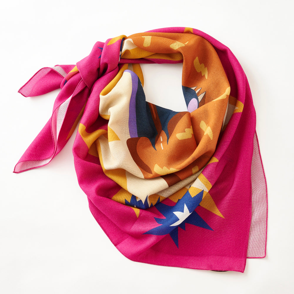 Japanese Merino Wool 'Mysterious Cats' Pink Square Scarf