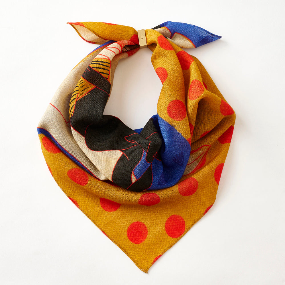 Japanese Printed Silk 'Polka Dot Queen' navy mini scarf with wave ring