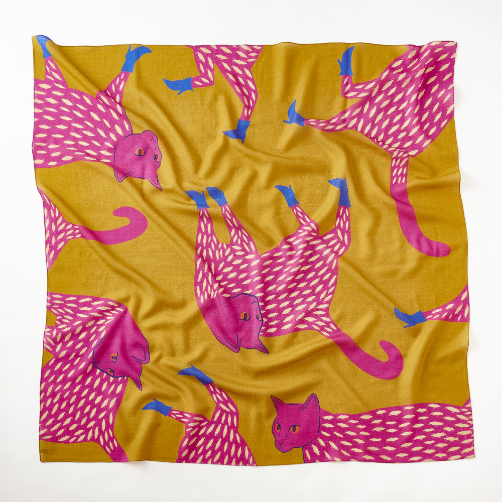 Japanese Merino Wool 'Mysterious Cats' Pink Square Scarf