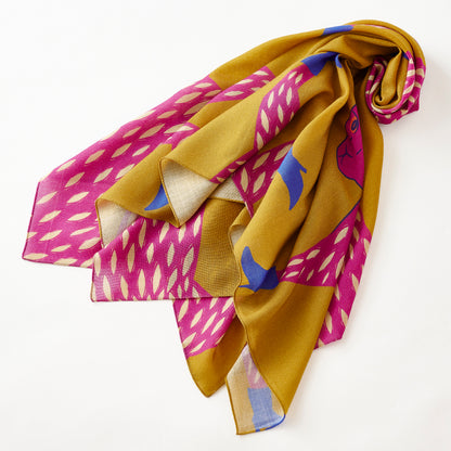 Japanese Merino Wool 'Mysterious Cats' Pink Square Scarf