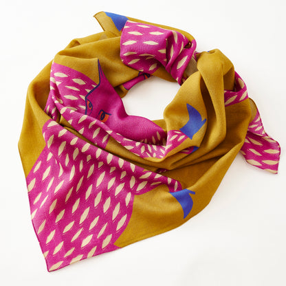 Japanese Merino Wool 'Mysterious Cats' Pink Square Scarf