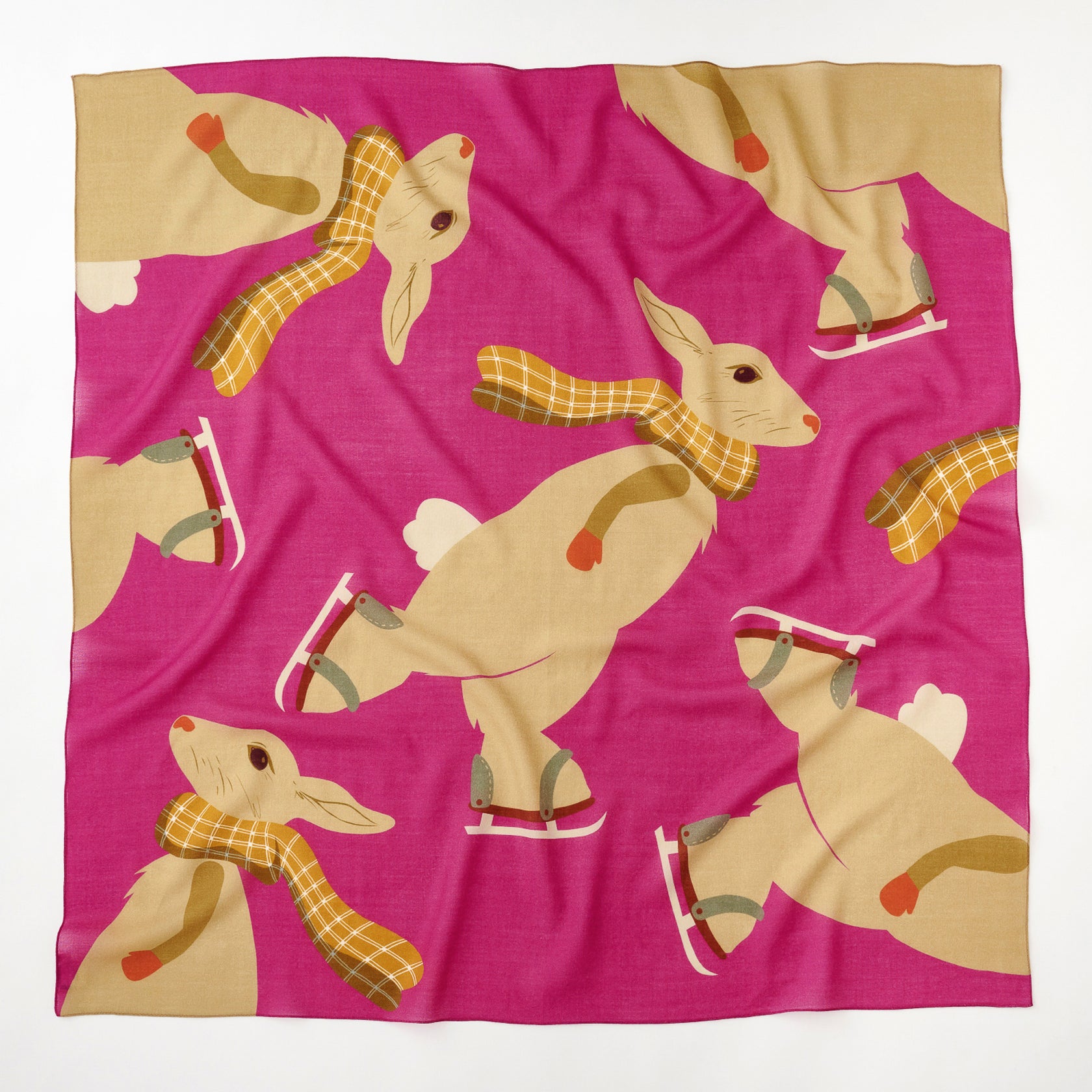 Superfine Merino Wool 'Skating Rabbits' ruby pink 正方形スカーフ – YARN&COPPER