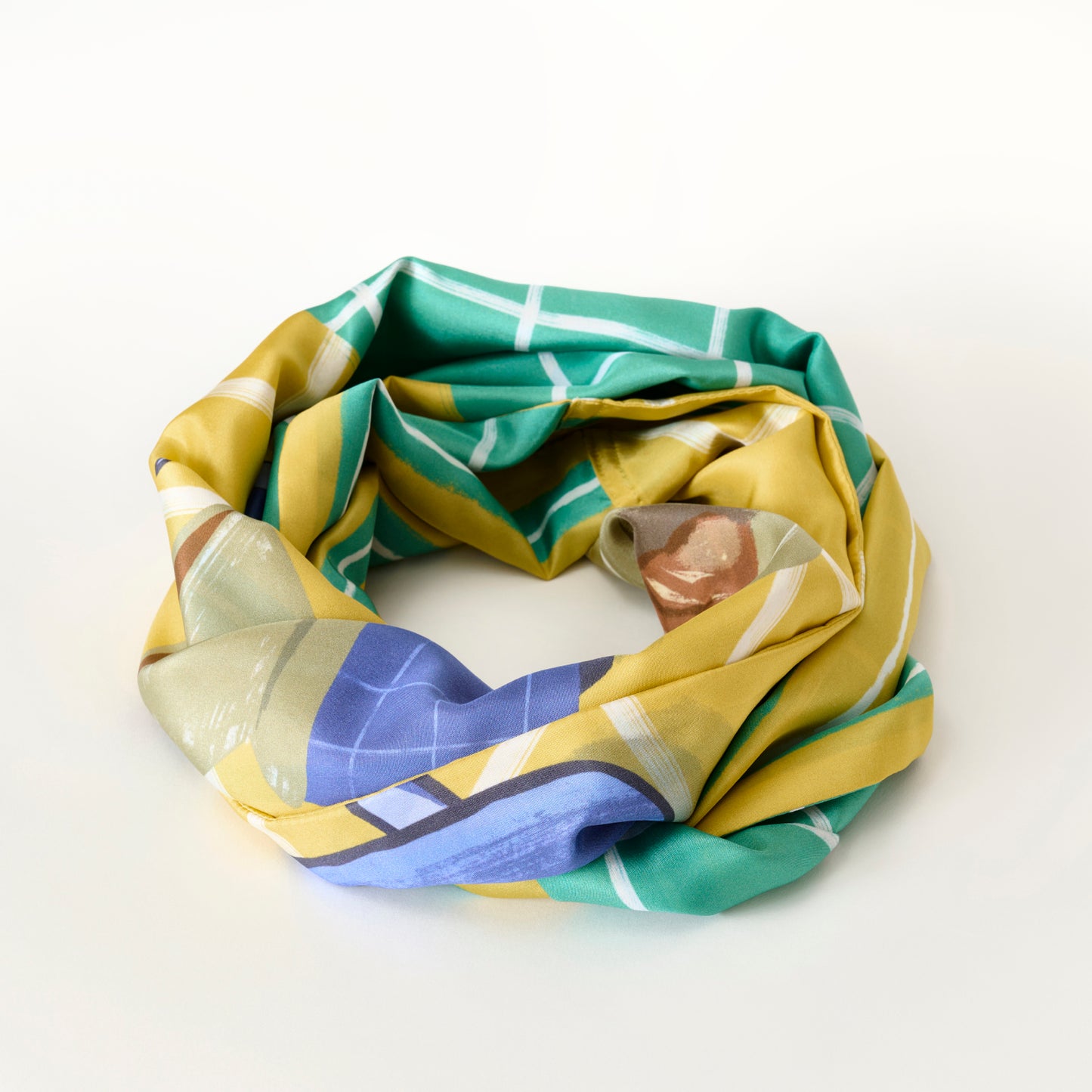 両面シルクのループスカーフ 'Coffee & Croissants' bottle green