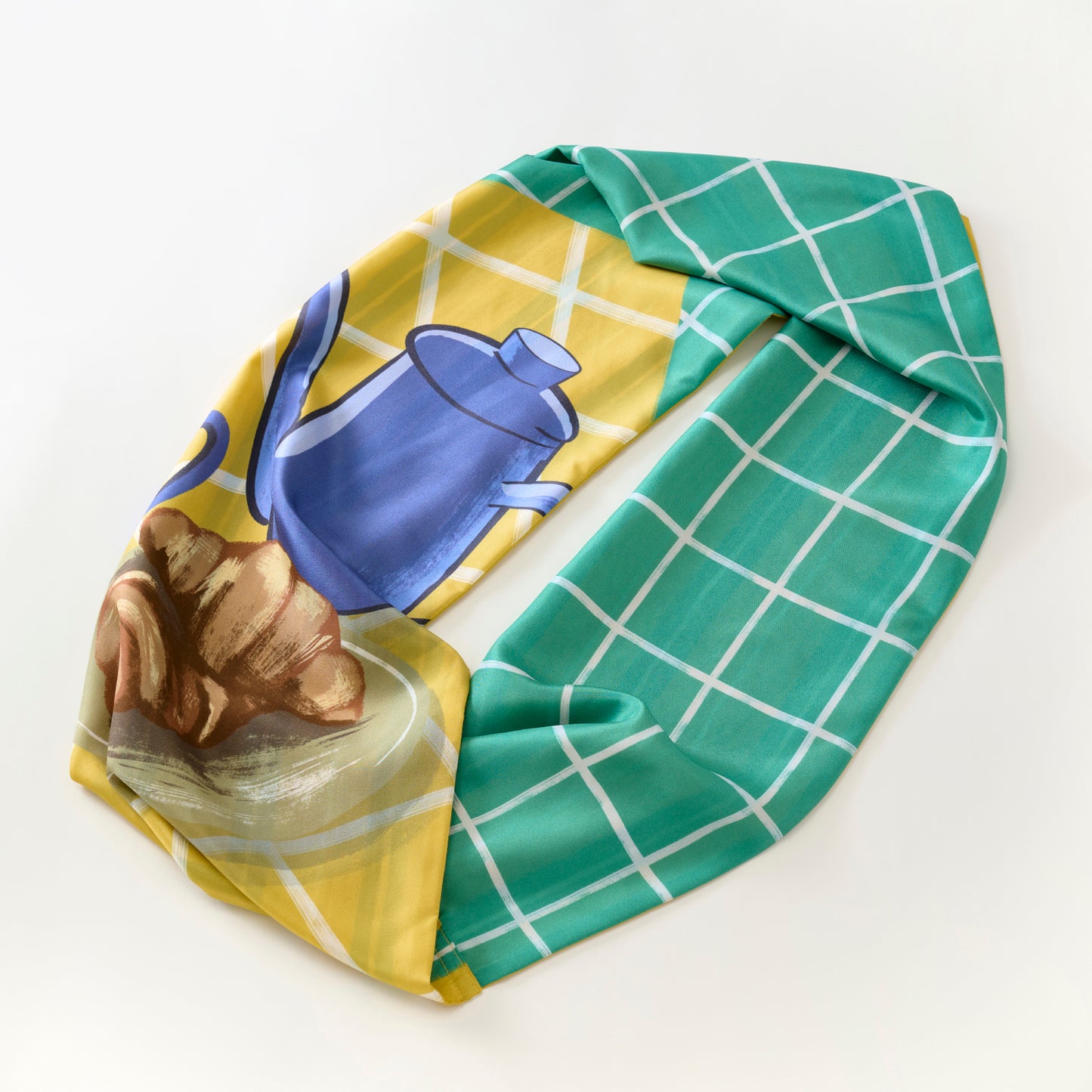 両面シルクのループスカーフ 'Coffee & Croissants' bottle green