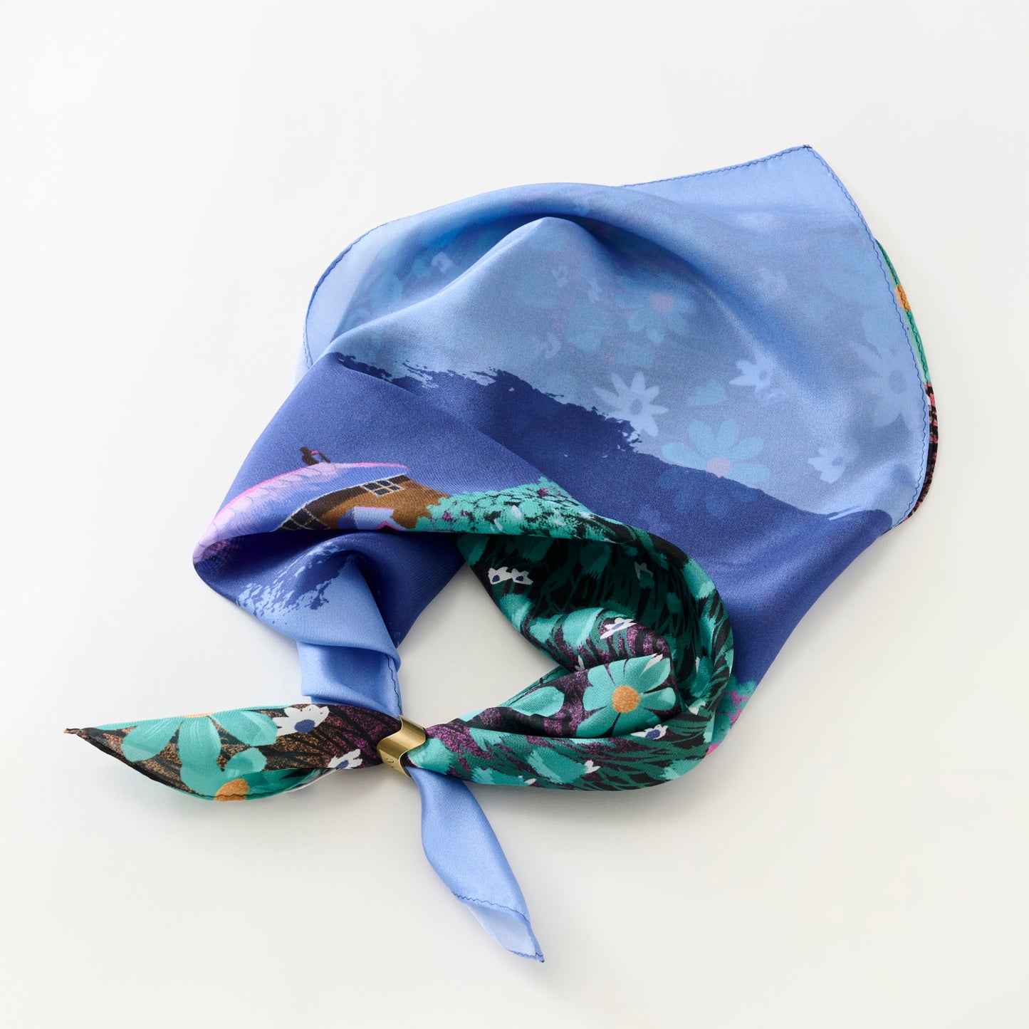 Silk 'Ladybird Cottage' midnight blueリング付きミニスカーフ