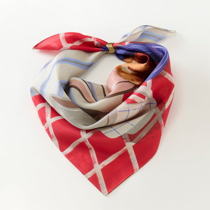 リング付き シルクのミニスカーフ 'Coffee & Croissants' red