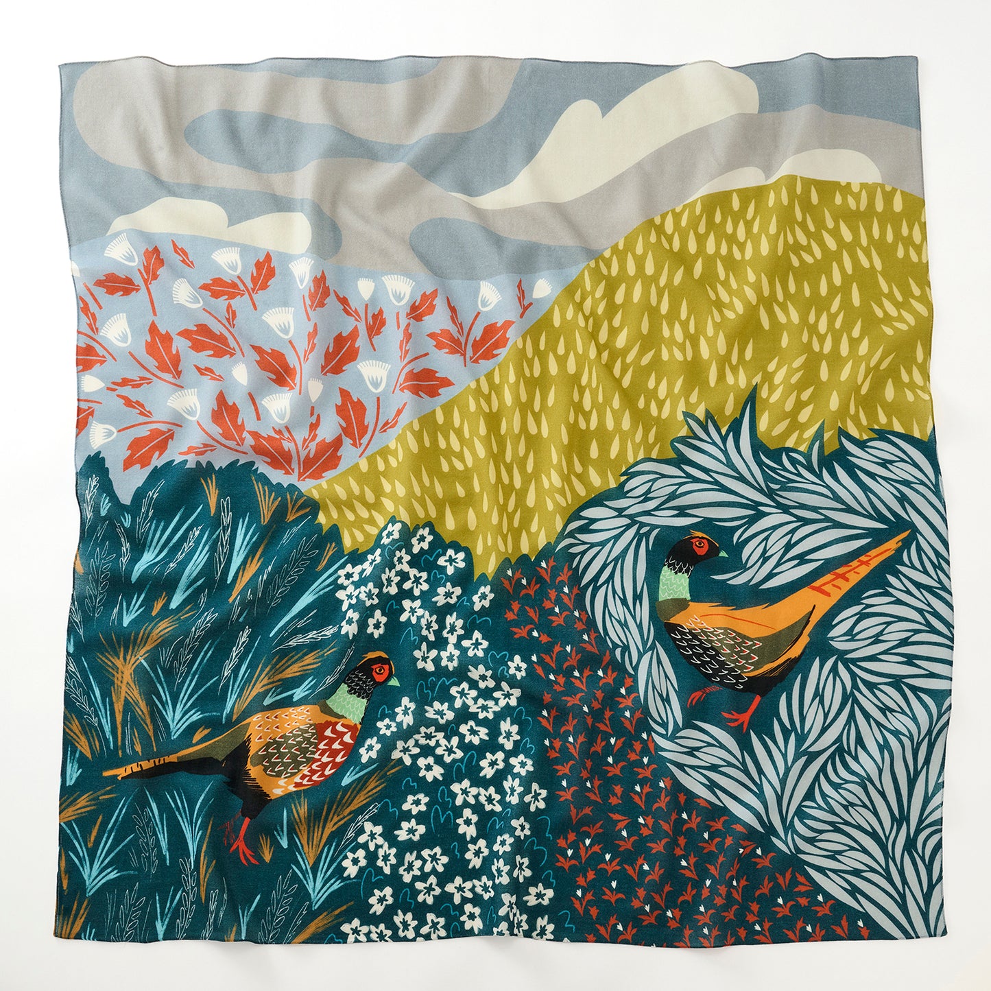 Japanese Merino Wool 'Mysterious Cats' Pink Square Scarf