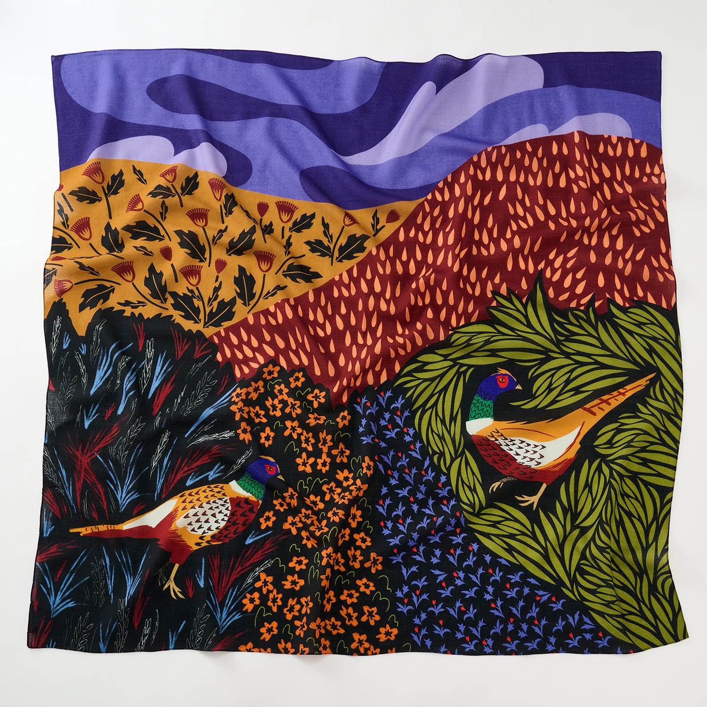メリノウールの大判スカーフ'Norfolk Pheasants' purple