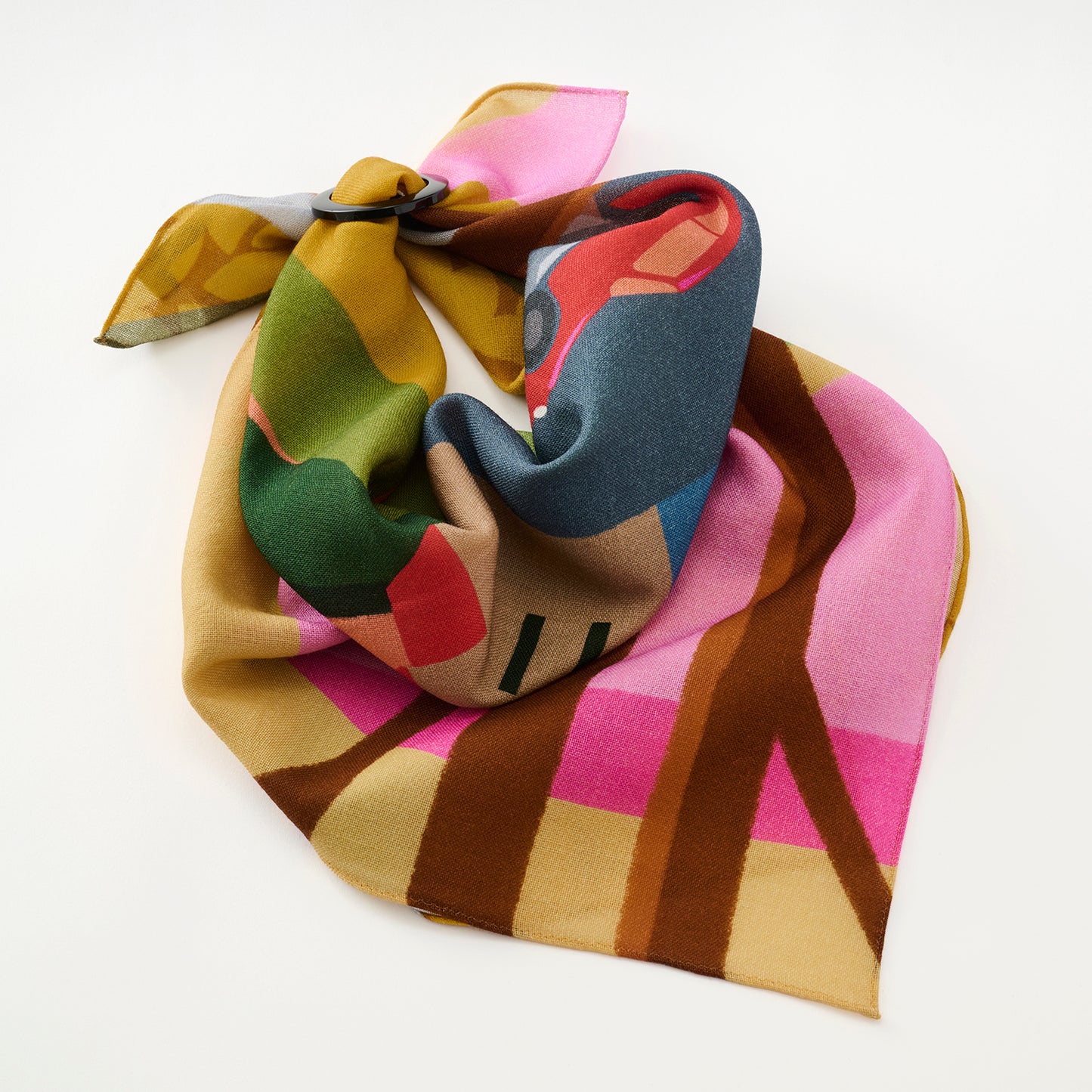 Mini-écharpe bleu marine en soie imprimée japonaise 'Polka Dot Queen' avec anneau vague