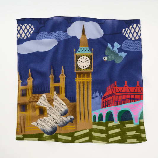 Mini-écharpe bleu marine en soie imprimée japonaise 'Polka Dot Queen' avec anneau vague