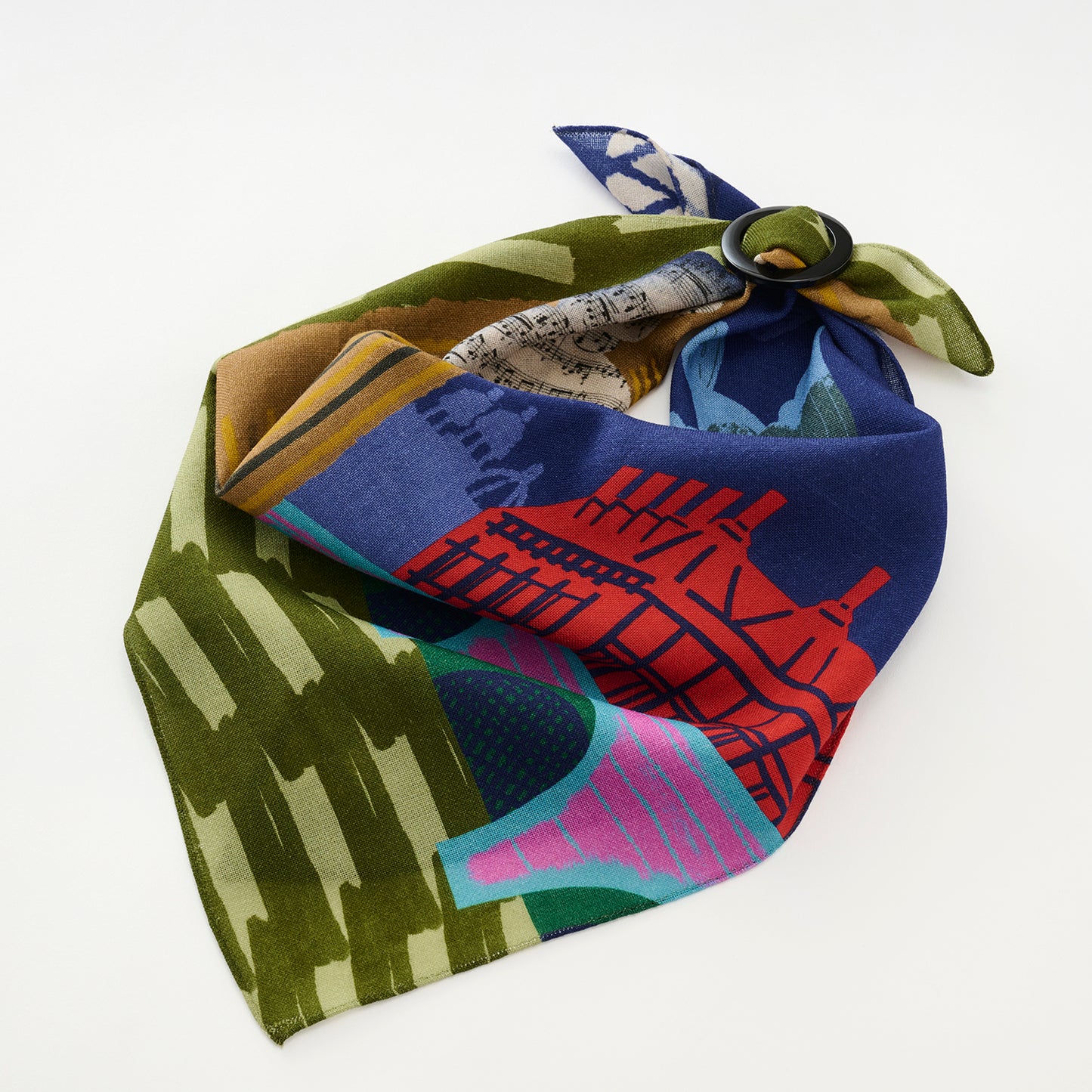 Mini-écharpe bleu marine en soie imprimée japonaise 'Polka Dot Queen' avec anneau vague