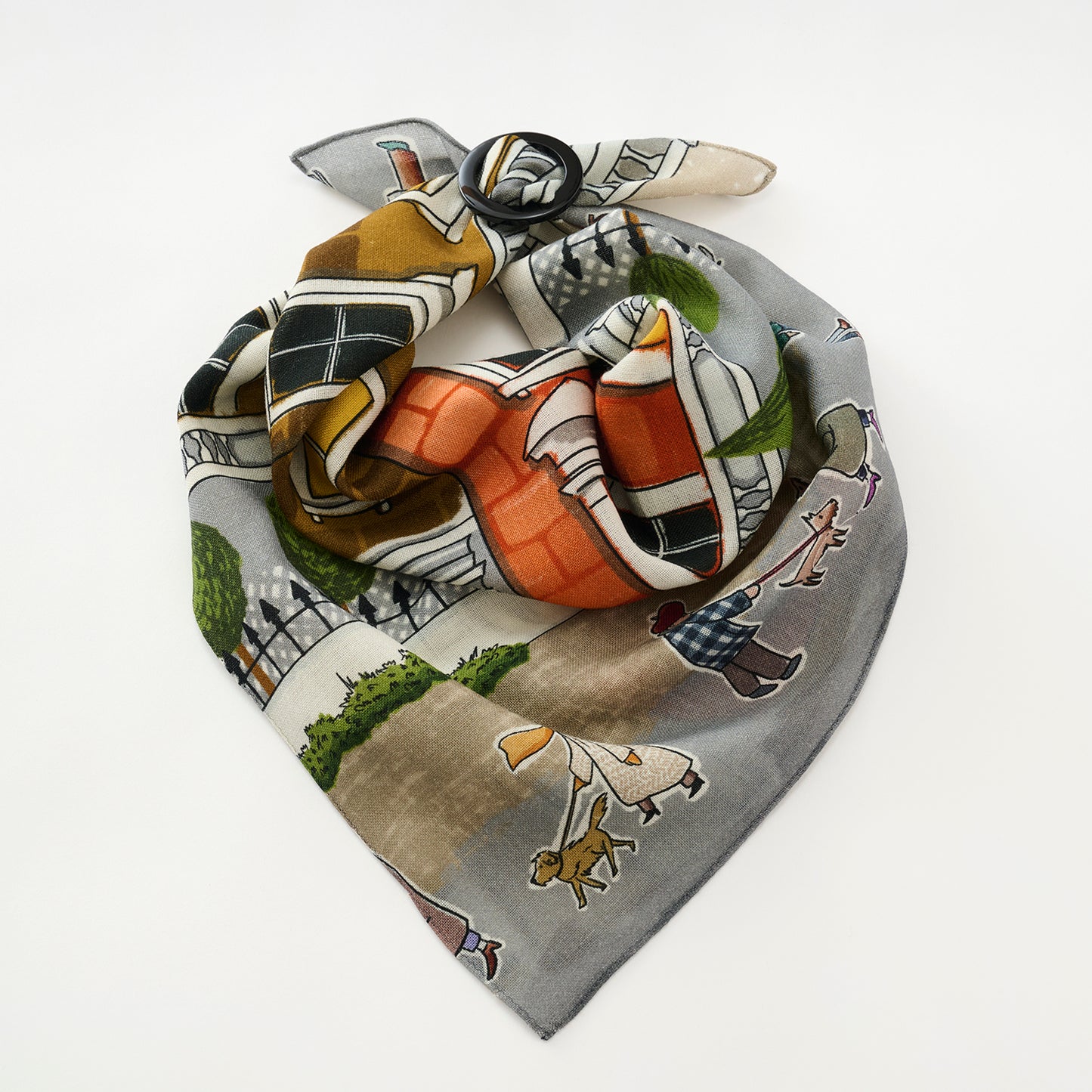 Mini-écharpe bleu marine en soie imprimée japonaise 'Polka Dot Queen' avec anneau vague