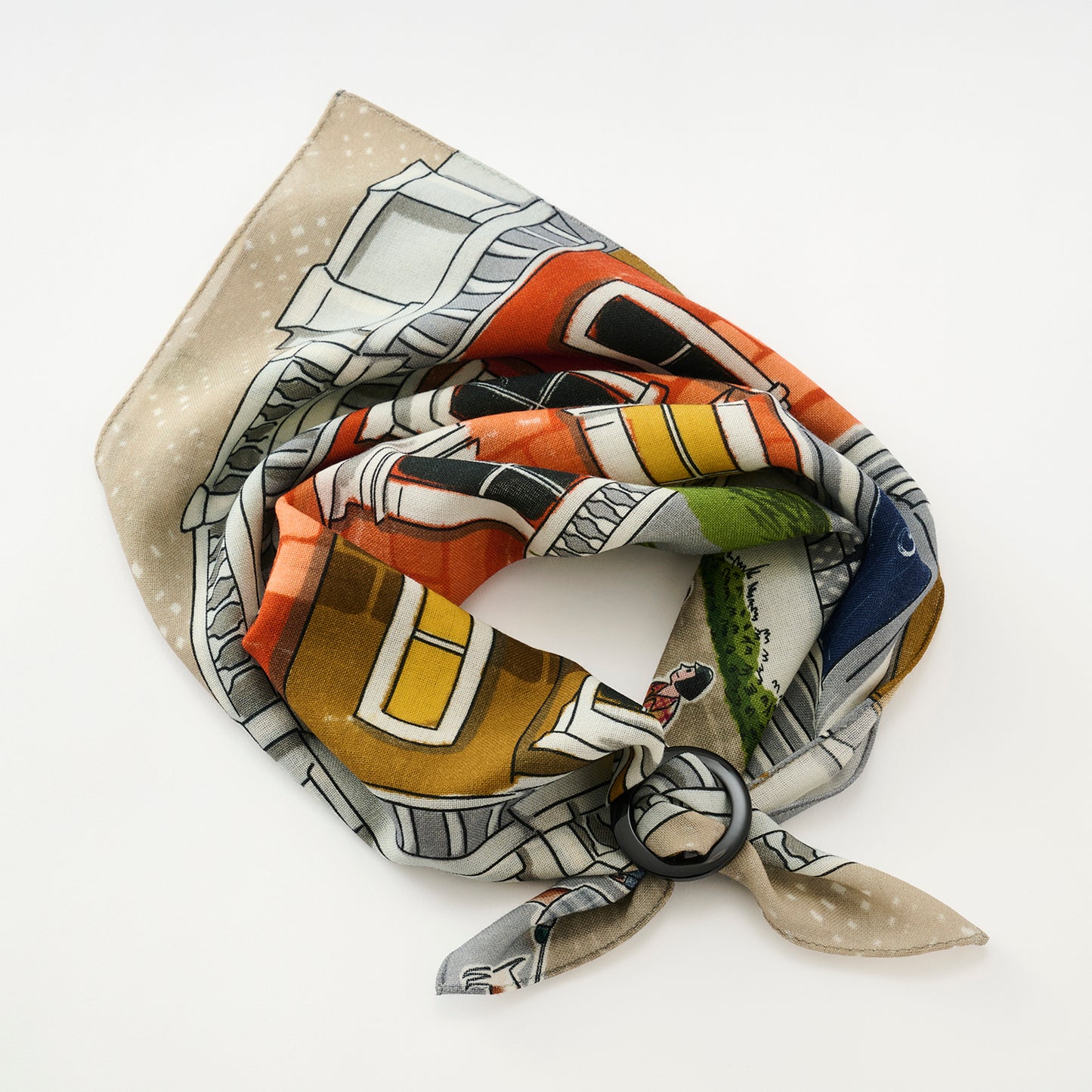 Mini-écharpe bleu marine en soie imprimée japonaise 'Polka Dot Queen' avec anneau vague