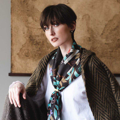 Japanese Printed Silk 'POEM' black Large Scarf 90x90cm | YARN&amp;COPPER