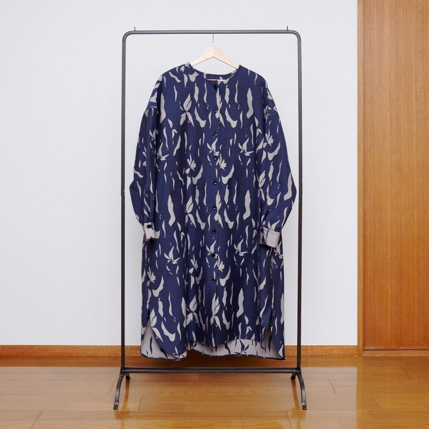 播州織 Wool/Cotton Jacquard Coat Dress / Navy&Greige