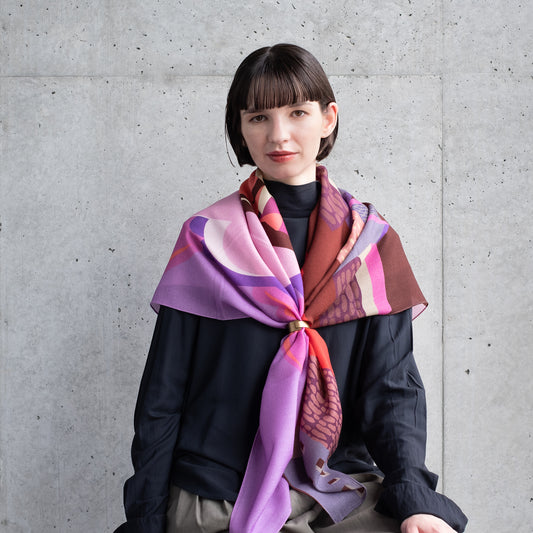 Japanese Merino Wool 'Mysterious Cats' Pink Square Scarf