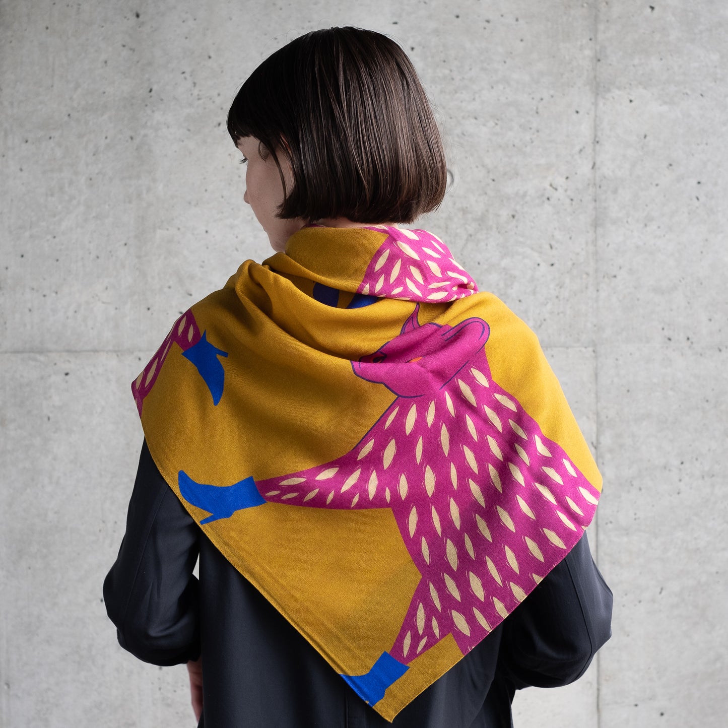 Japanese Merino Wool 'Mysterious Cats' Pink Square Scarf