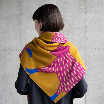 Japanese Merino Wool 'Mysterious Cats' Pink Square Scarf